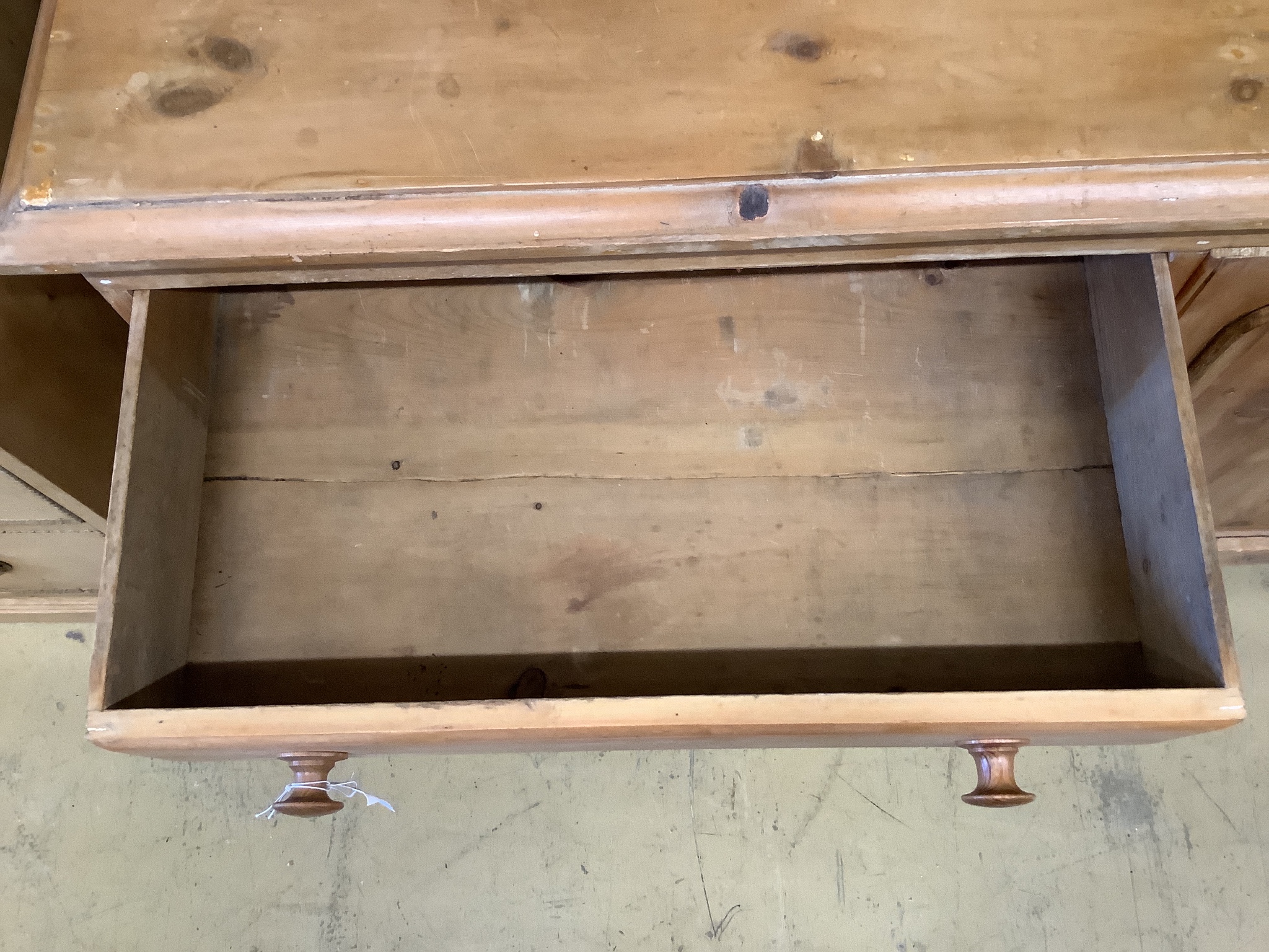A Victorian pale pine low dresser, width 136cm, depth 51cm, height 104cm